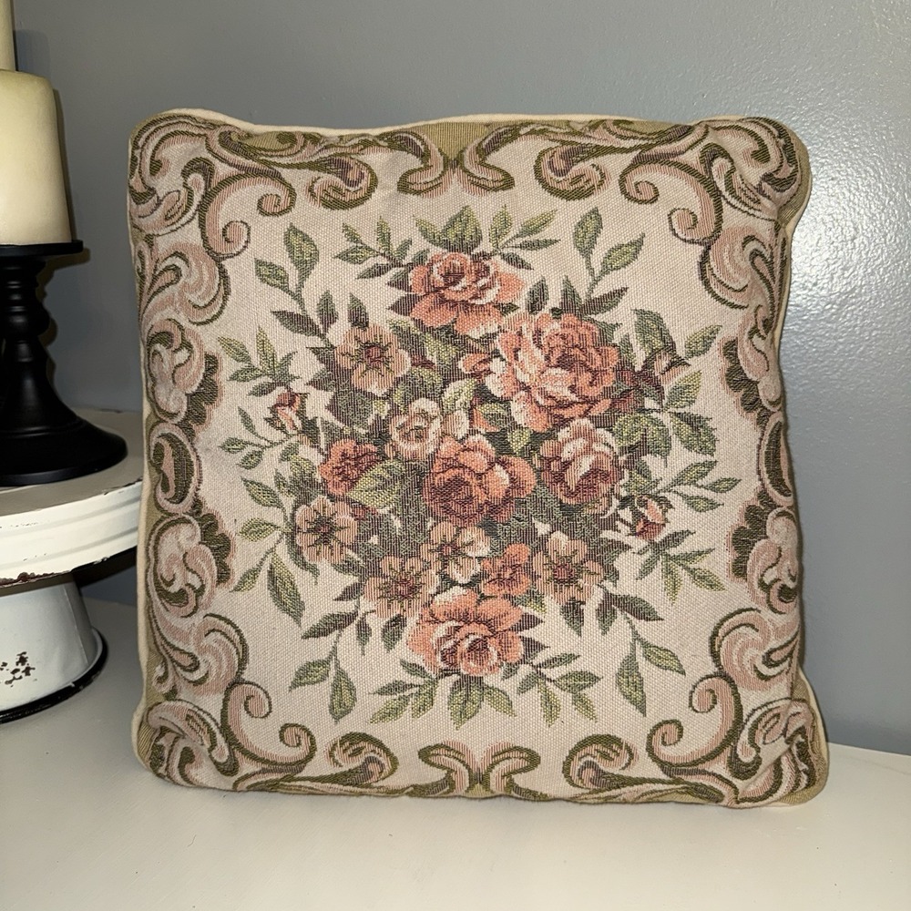 Vintage Floral Roses‎ Tapestry Pillow Reversible Cottagecore Boho Victorian